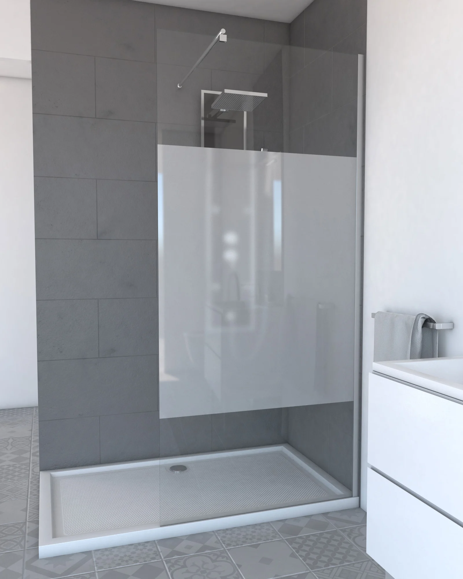 Paroi de douche a l'italienne - 90x200 cm VERRE TRANSPARENT 8mm avec bande DEPOLI Paroi de douche a l'italienne - 90x200 cm VERRE TRANSPARENT 8mm avec bande DEPOLI
