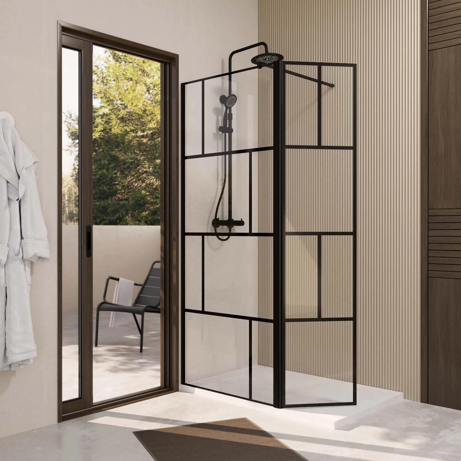 Paroi de douche anticalcaire - Serigraphie Brique 80+40x195cm - Verre 8mm - Profil
