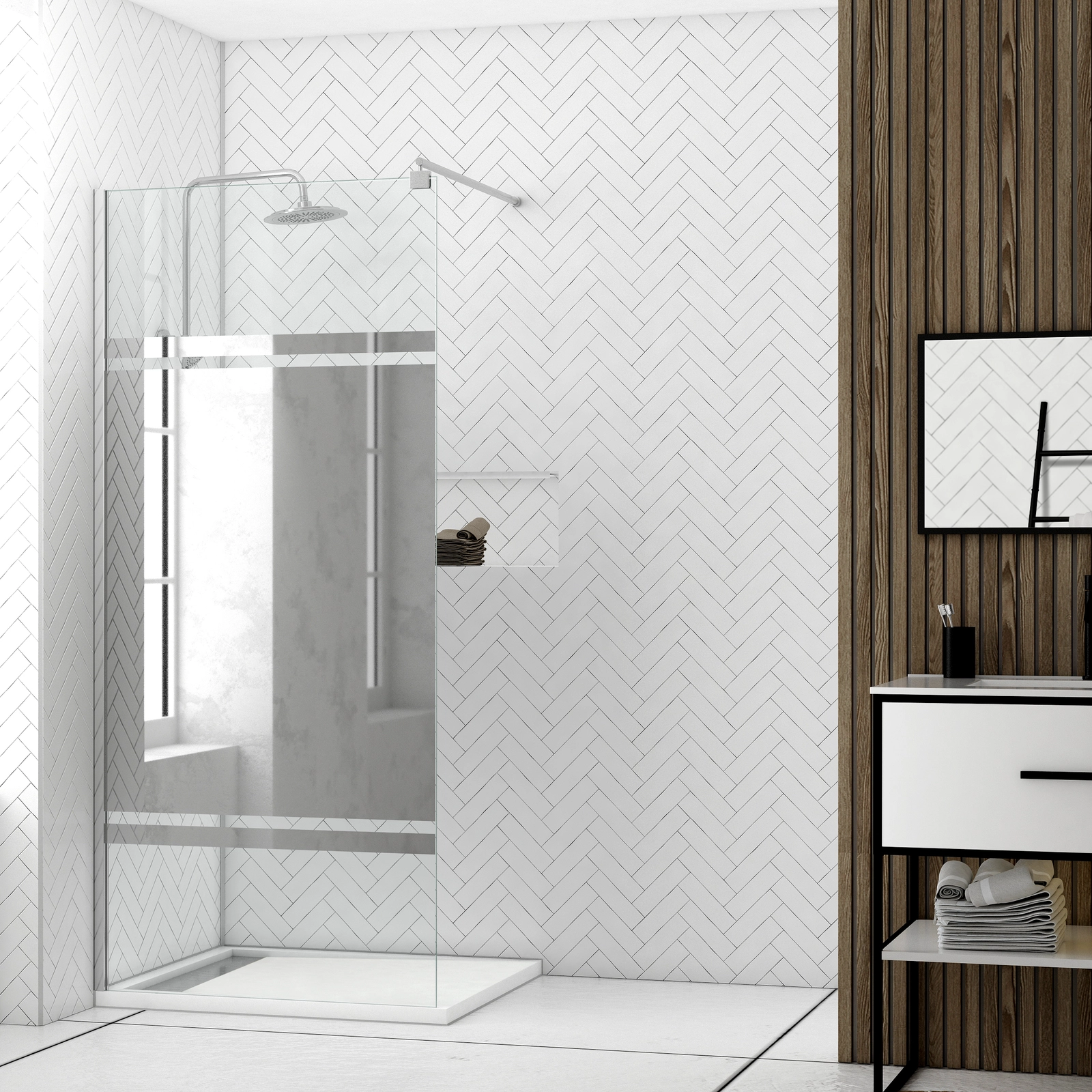 Paroi de Douche avec Bande Miroir 100x200cm - Verre 8mm - Profilé Chrome - FREEDOM 2 MIRROR Paroi de Douche avec Bande Miroir 100x200cm - Verre 8mm - Profilé Chrome - FREEDOM 2 MIRROR