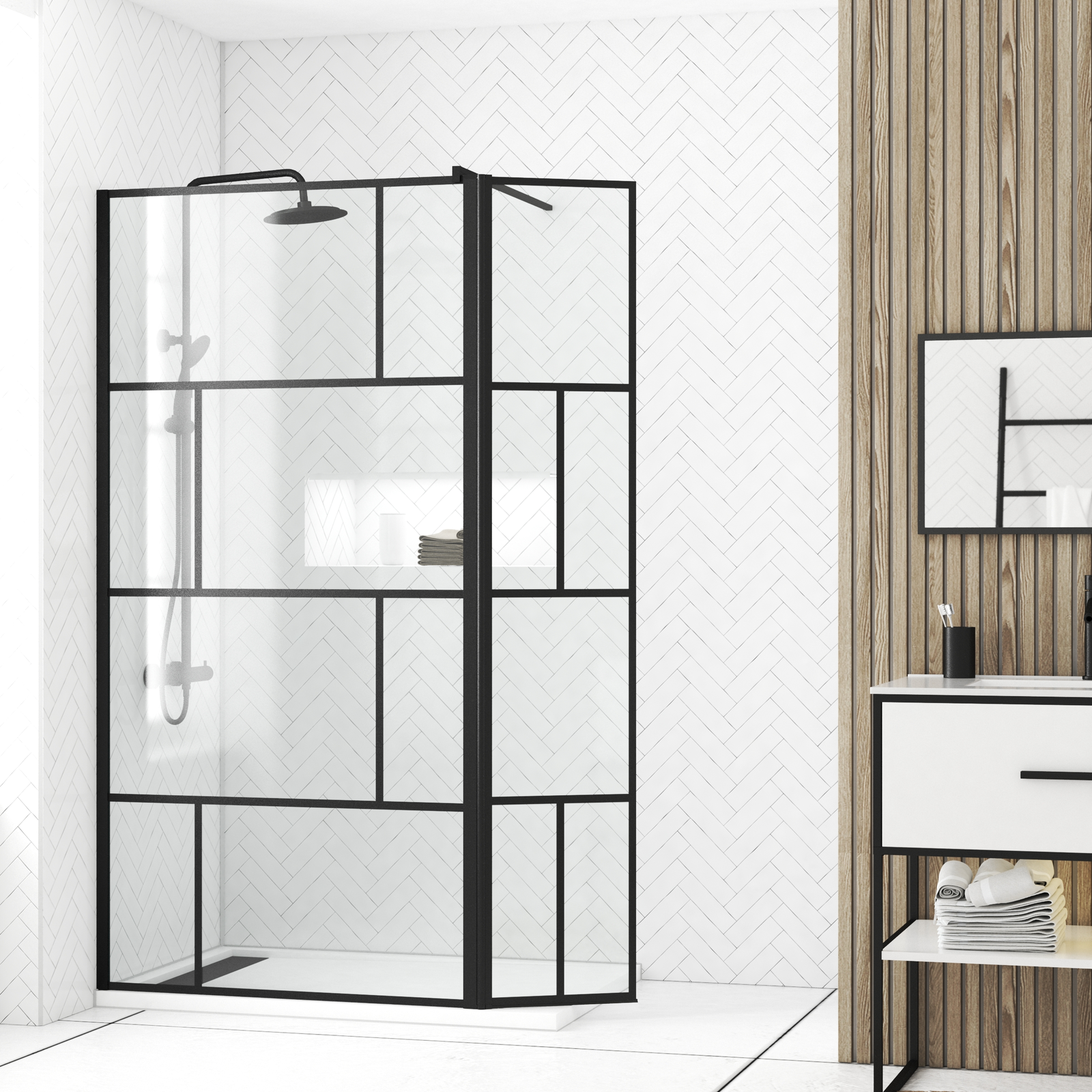 Paroi de douche avec pivot 100+40x195cm - Sérigraphie type briques et Profilés Noir - DARK BLOCKS Paroi de douche avec pivot 100+40x195cm - Sérigraphie type briques et Profilés Noir - DARK BLOCKS