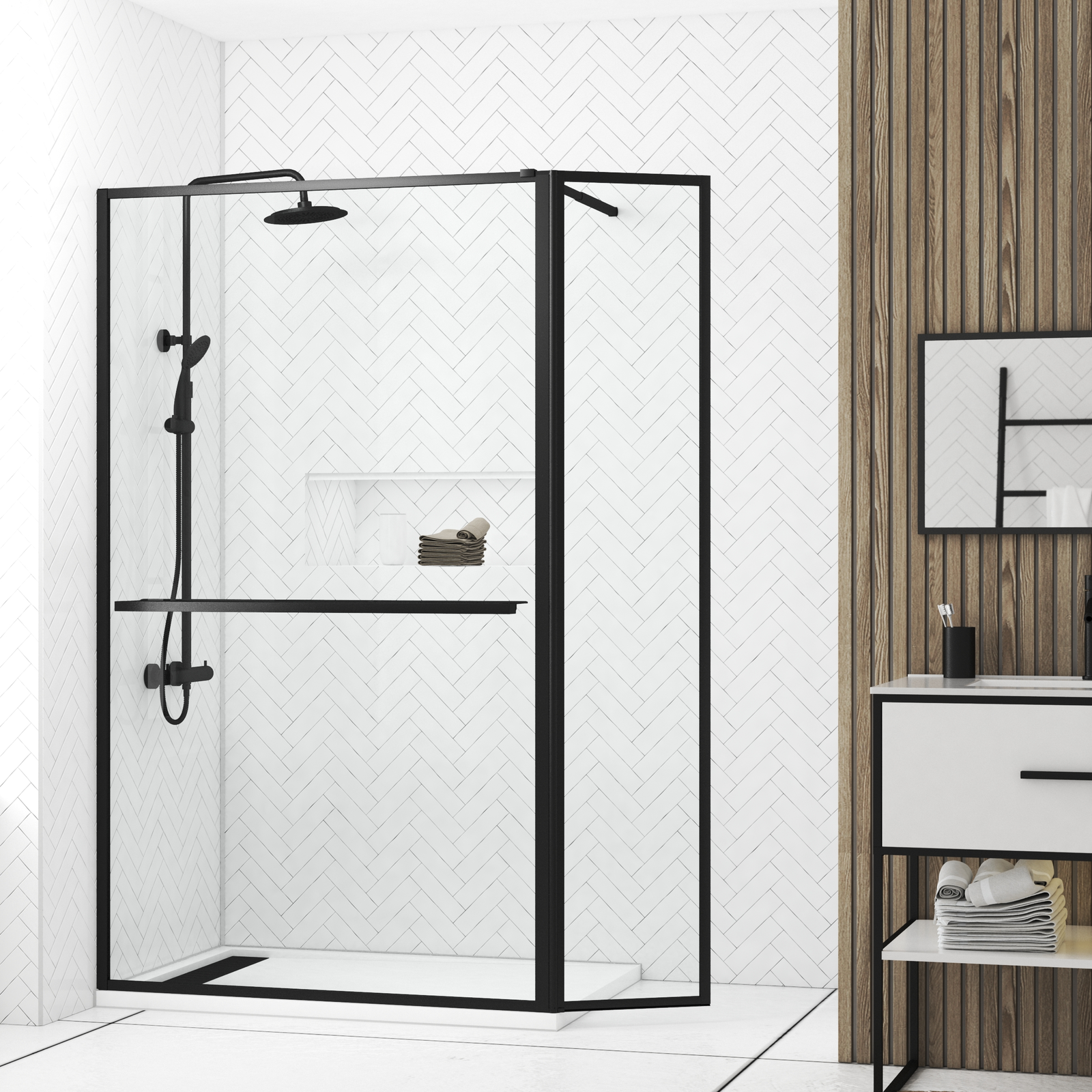 Paroi de Douche avec Volet Pivotant 120+40x200cm - Profilé, Porte-serviette et étagère NOIR MAT Paroi de Douche avec Volet Pivotant 120+40x200cm - Profilé, Porte-serviette et étagère NOIR MAT