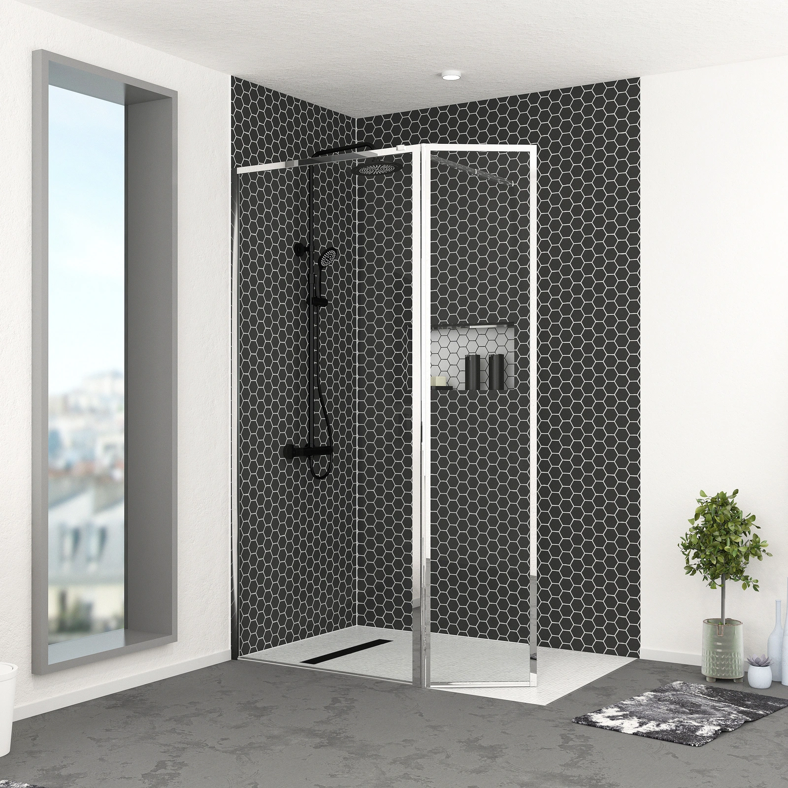 Paroi de Douche avec Volet Pivotant 90+40x200cm - Finition Chromée - CHROMED CONTOURING