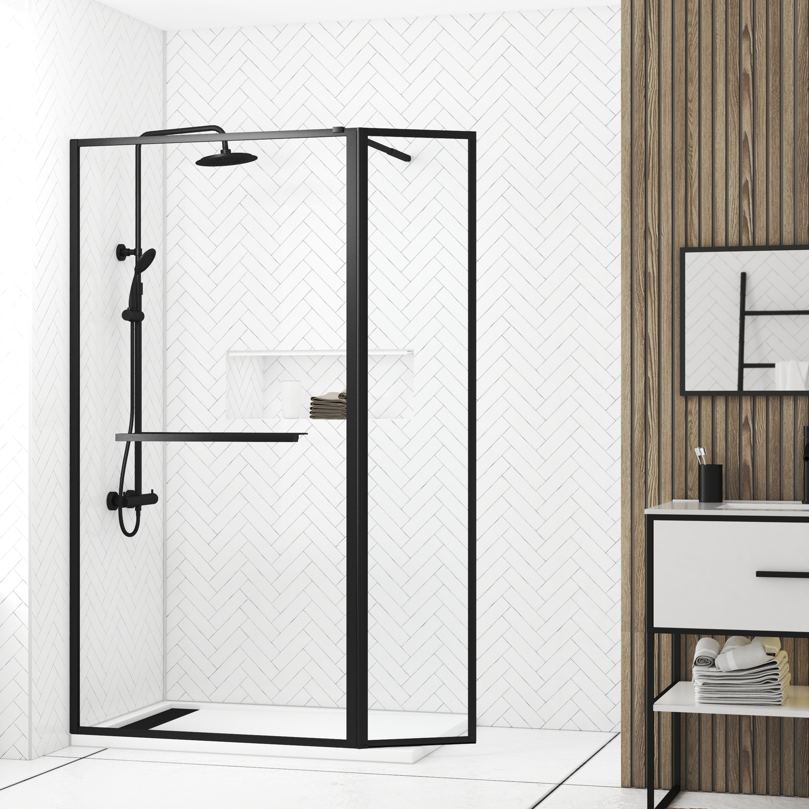 Paroi de Douche avec Volet Pivotant 90+40x200cm - Profilé, Porte-serviette et étagère NOIR MAT Paroi de Douche avec Volet Pivotant 90+40x200cm - Profilé, Porte-serviette et étagère NOIR MAT