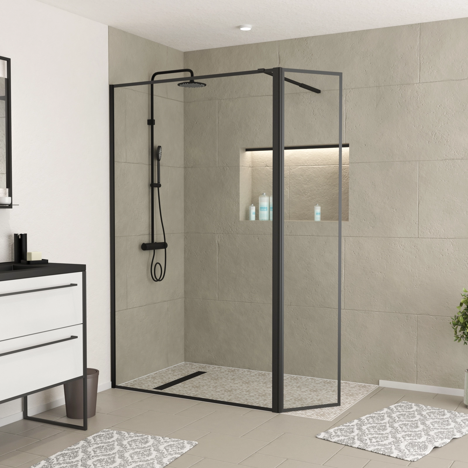 Paroi de Douche avec Volet Pivotant - Cadre et Bras Alu. NOIR MAT