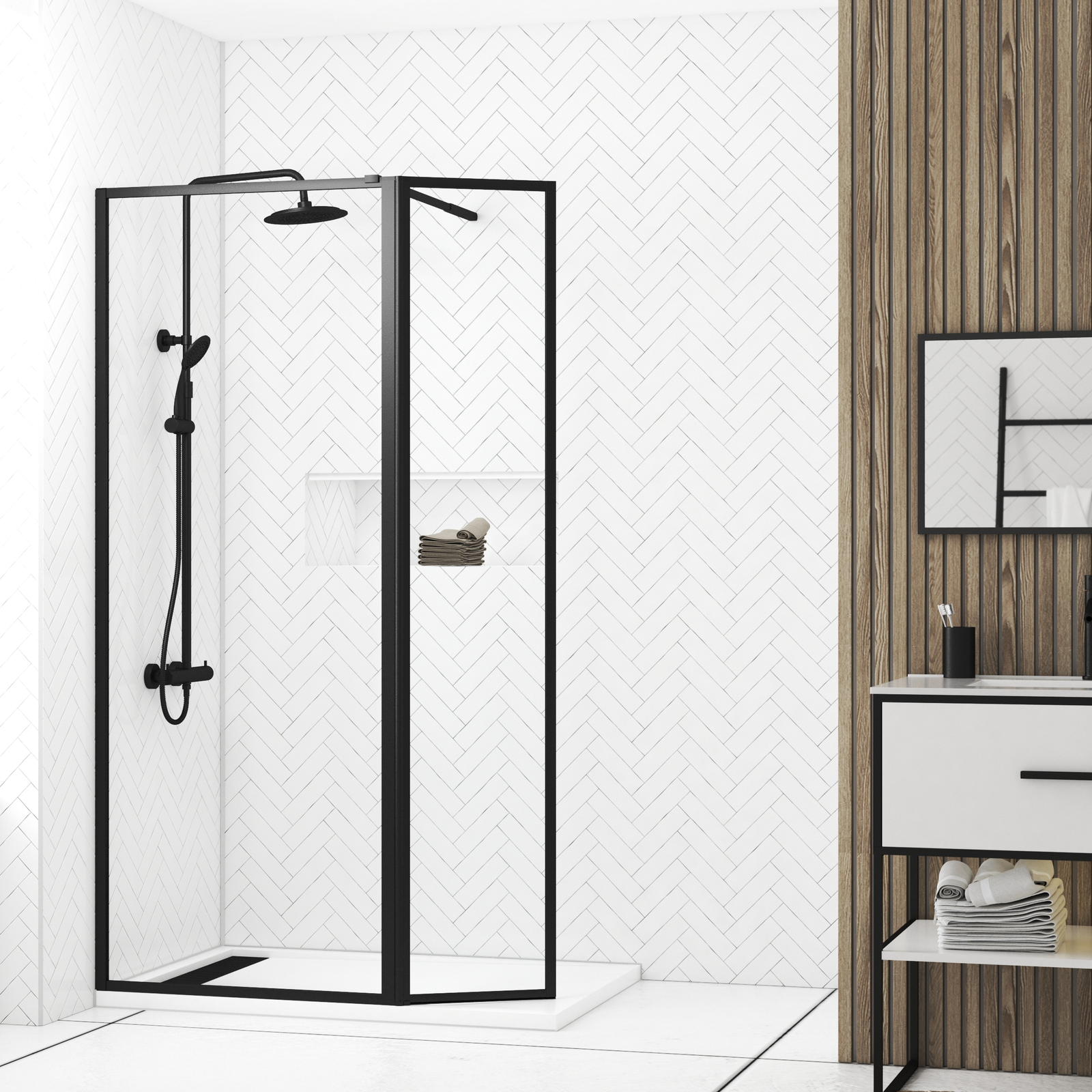 Paroi de Douche avec Volet Pivotant - Cadre et Bras Alu. NOIR MAT - 80+40x200cm - DARK CONTOURING Paroi de Douche avec Volet Pivotant - Cadre et Bras Alu. NOIR MAT - 80+40x200cm - DARK CONTOURING