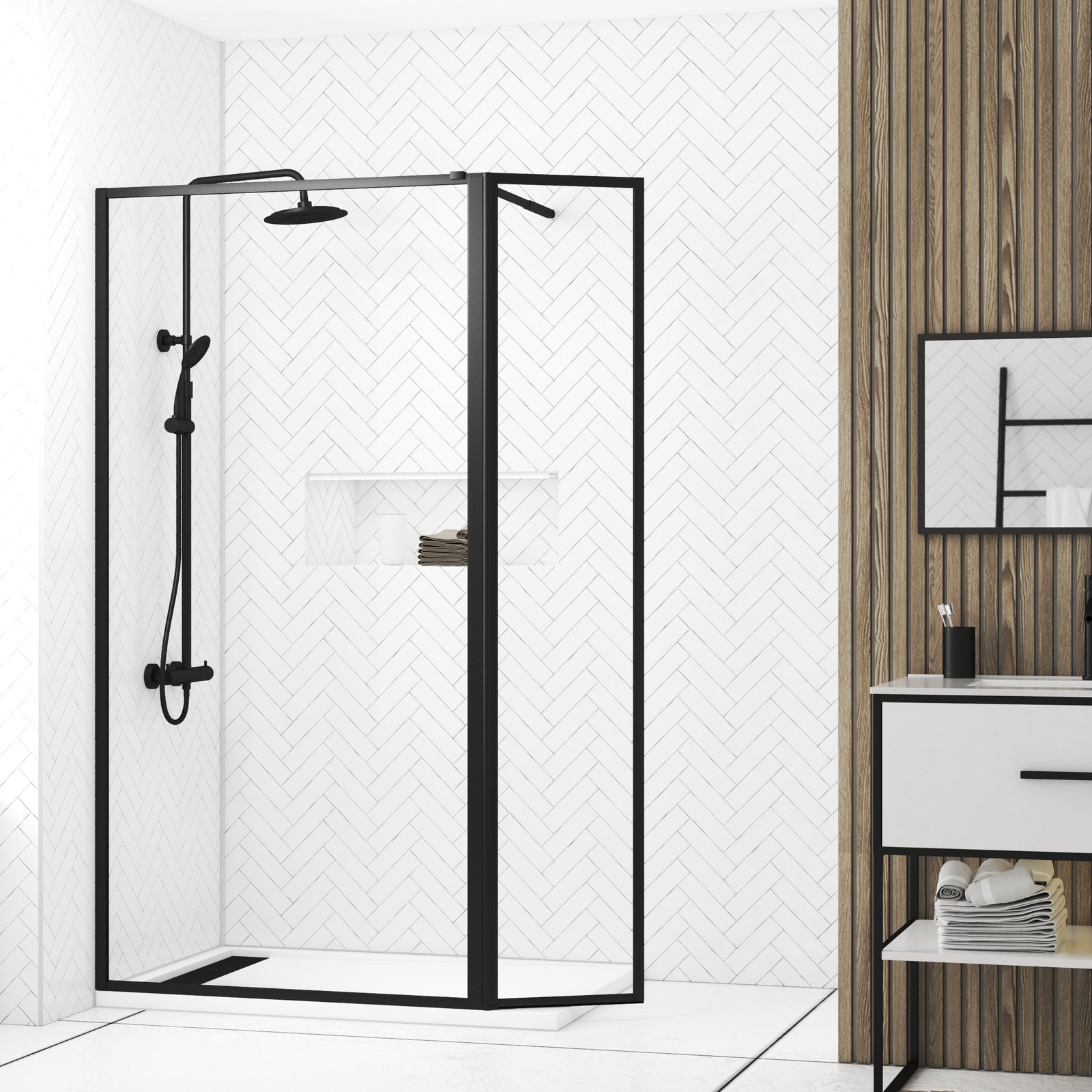 Paroi de Douche avec Volet Pivotant - Cadre et Bras Alu. NOIR MAT - 100+40x200cm - DARK CONTOURING Paroi de Douche avec Volet Pivotant - Cadre et Bras Alu. NOIR MAT - 100+40x200cm - DARK CONTOURING