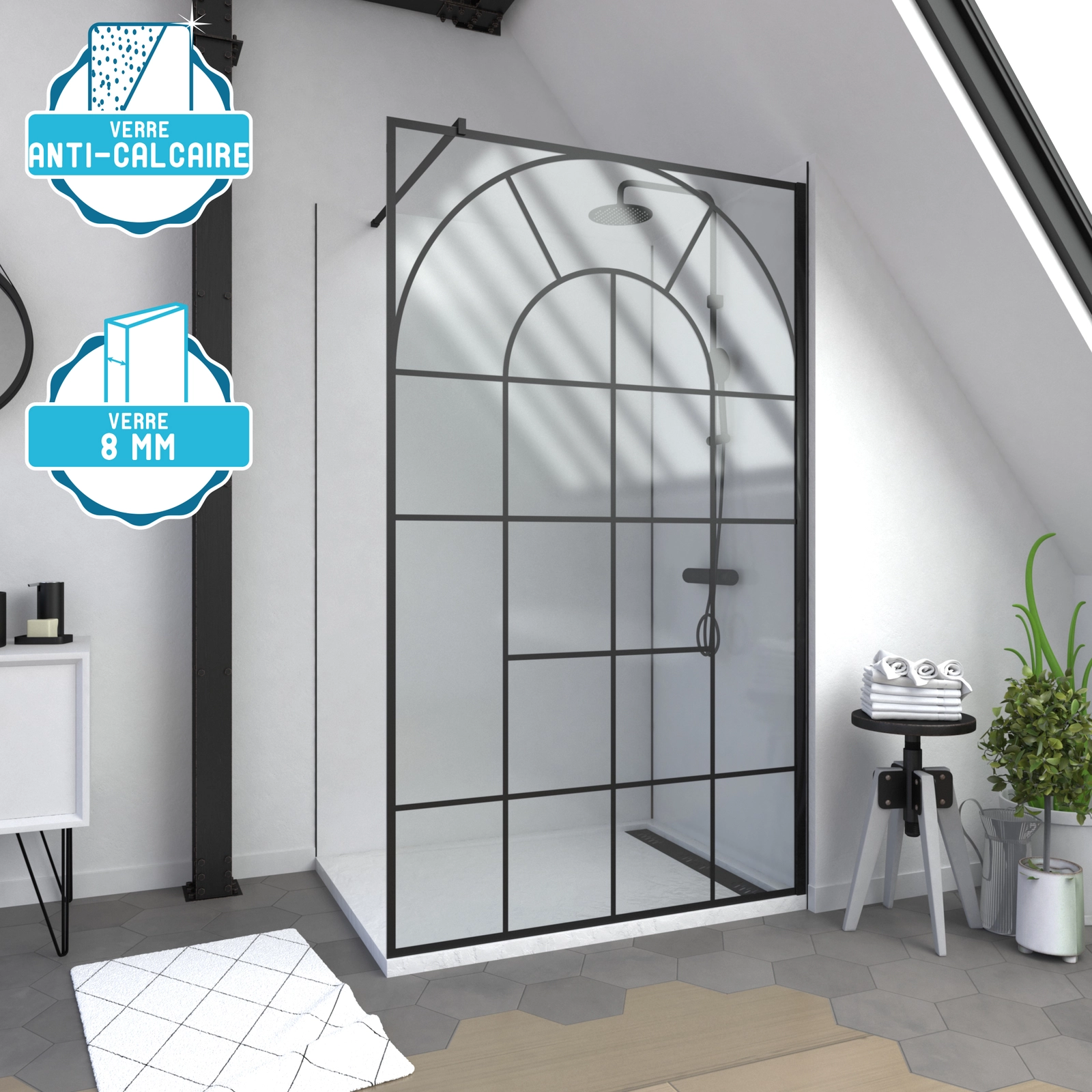 Paroi de douche Déco 120x195cm Verre Anti-Calcaire 8mm Sérigraphié - Barre de fixation Noir Mat Paroi de douche Déco 120x195cm Verre Anti-Calcaire 8mm Sérigraphié - Barre de fixation Noir Mat