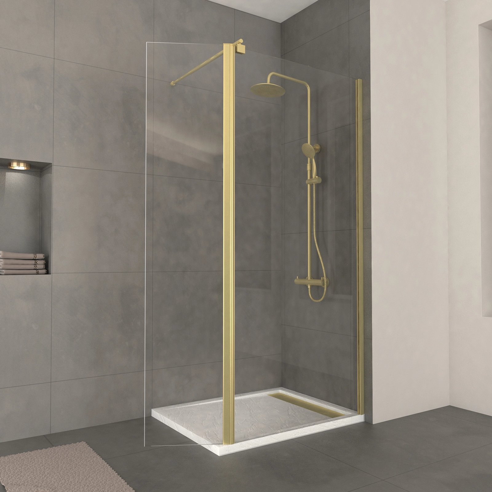 Paroi de Douche et Volet Pivotant 90+40x200 cm + Barre extensible - Or Brossé - FREEDOM 2 GOLD Paroi de Douche et Volet Pivotant 90+40x200 cm + Barre extensible - Or Brossé - FREEDOM 2 GOLD