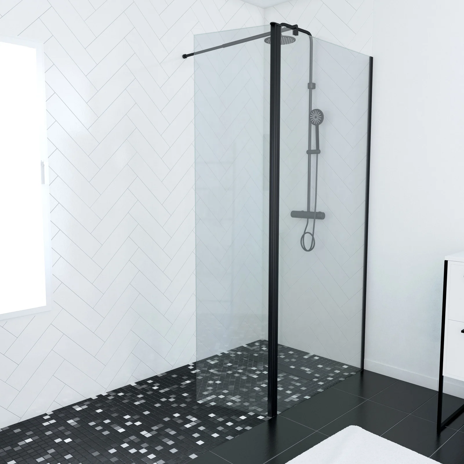 Paroi de douche et Volet pivotant 90+40x200 cm Profil et bras de fixation Noir Mat - FREEDOM 2 DARK