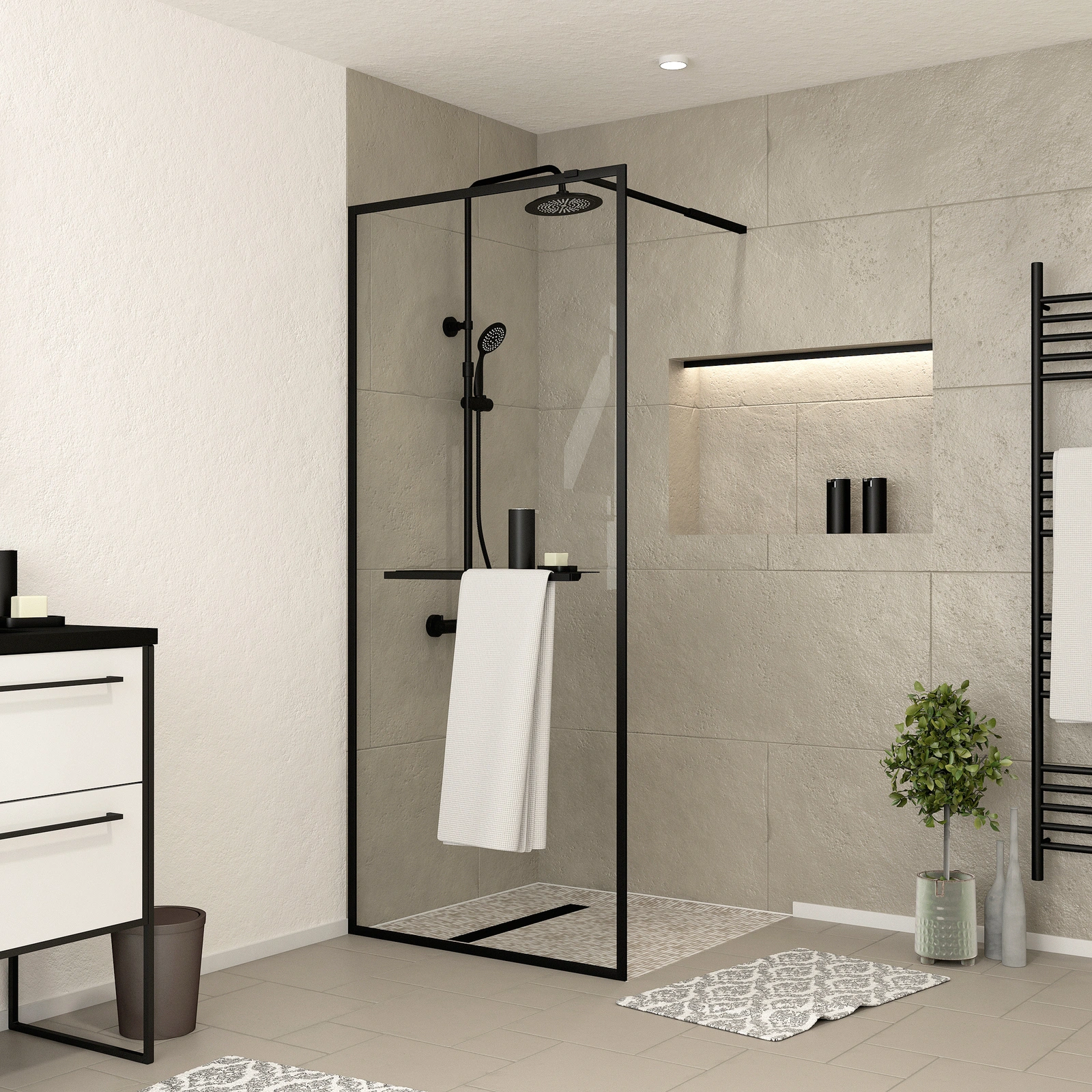 Paroi de Douche Noir Mat 100x200cm - Porte-serviette et étagère - DARK  CONTOURING SHELF - Aurlane