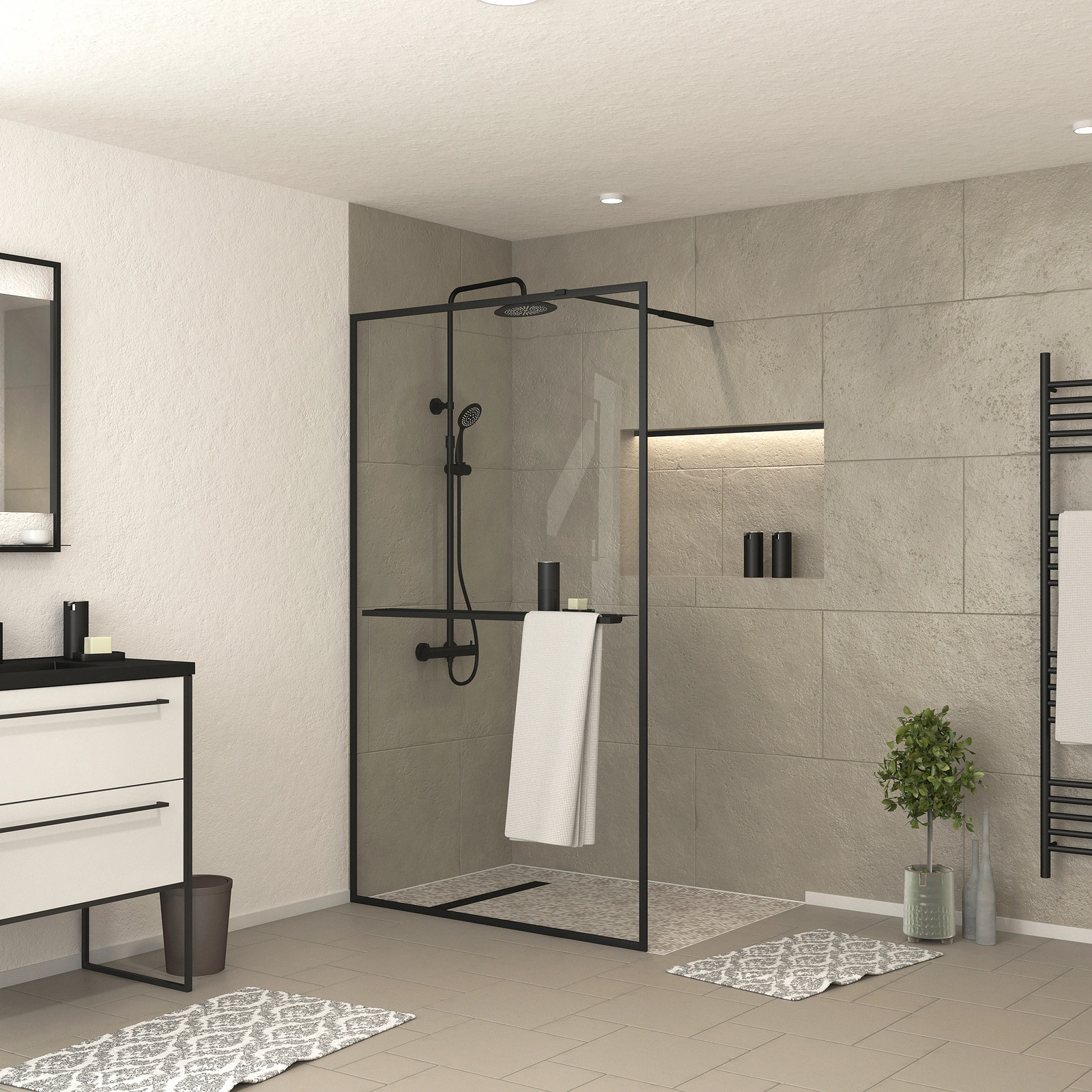 Paroi de Douche Noir Mat 120x200cm - Porte-serviette et étagère - DARK CONTOURING SHELF Paroi de Douche Noir Mat 120x200cm - Porte-serviette et étagère - DARK CONTOURING SHELF