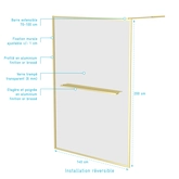 Paroi de Douche Or Doré Brossé 140x200cm - Porte-serviette et étagère - GOLDY CONTOURING SHELF