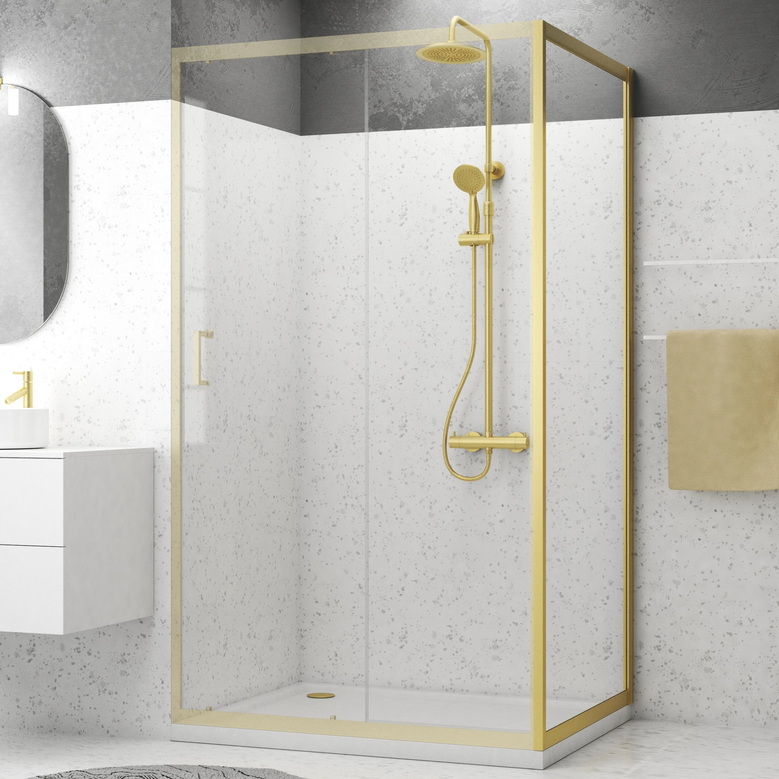 Paroi de retour 90x200cm - Profilés Or Brossé - Verre Trempé 6mm - GOLDY CRUSH Paroi de retour 90x200cm - Profilés Or Brossé - Verre Trempé 6mm - GOLDY CRUSH