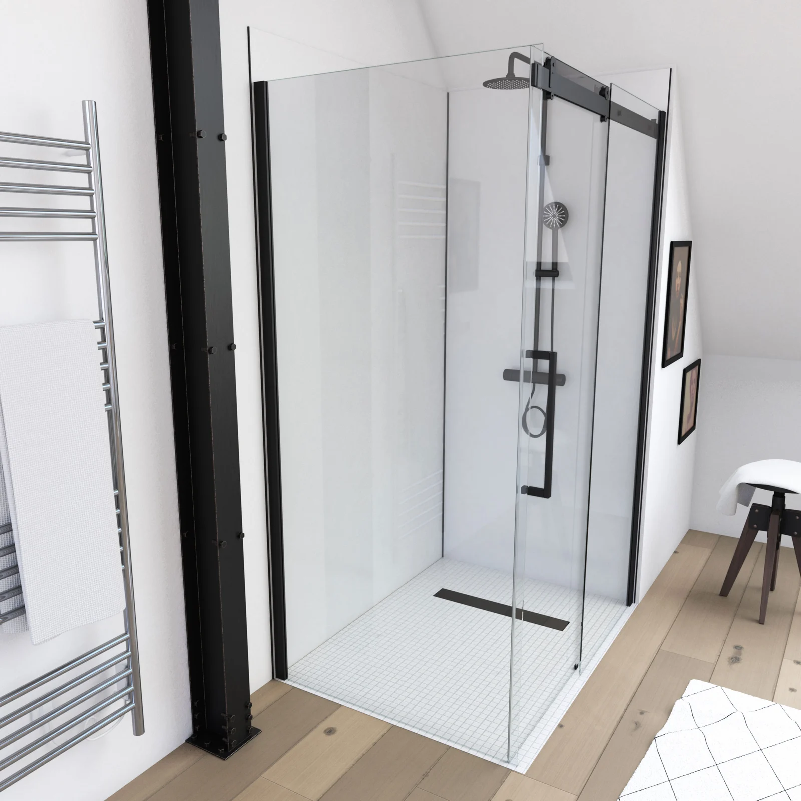 Paroi de retour pour Paroi porte de douche type industriel NOIR MAT - 80x200cm - verre trempe 8mm Paroi de retour pour Paroi porte de douche type industriel NOIR MAT - 80x200cm - verre trempe 8mm