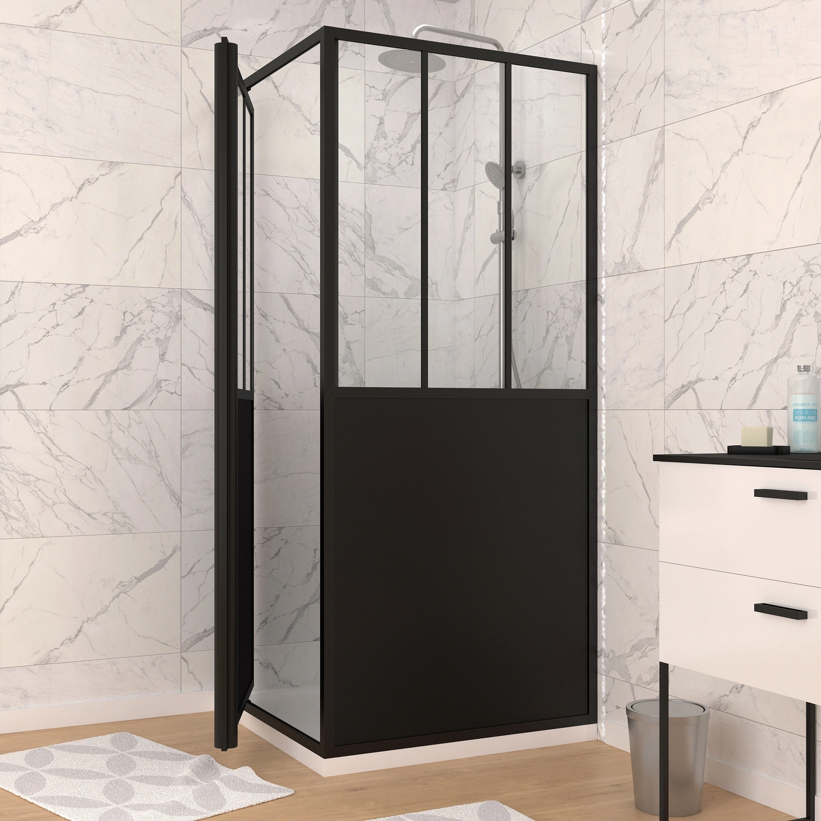 Paroi de retour type atelier 80x200cm pour paroi de douche - PROFILE NOIR MAT - WORKSHOP SIDE 80