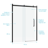 Paroi porte de douche 140x200cm type industriel coulissante NOIR MAT - verre trempe 8mm