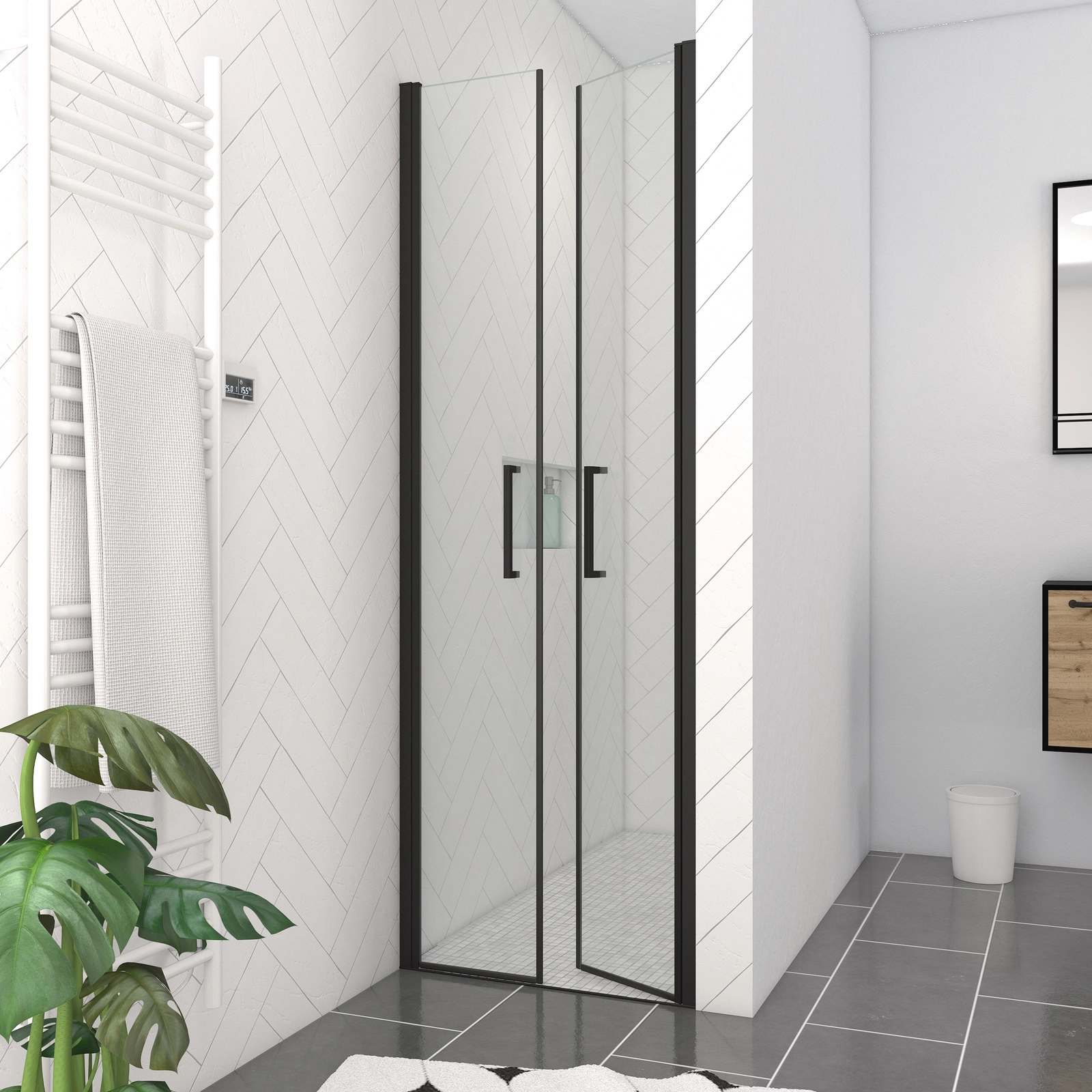 Paroi porte de douche a DOUBLE PORTES PIVOTANTES 70x200 cm - PROFILE NOIR MAT - verre 6mm Paroi porte de douche a DOUBLE PORTES PIVOTANTES 70x200 cm - PROFILE NOIR MAT - verre 6mm