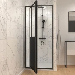 Paroi porte de douche a porte pivotante type atelier - 90x200cm - PROFILE NOIR MAT - verre 5mm