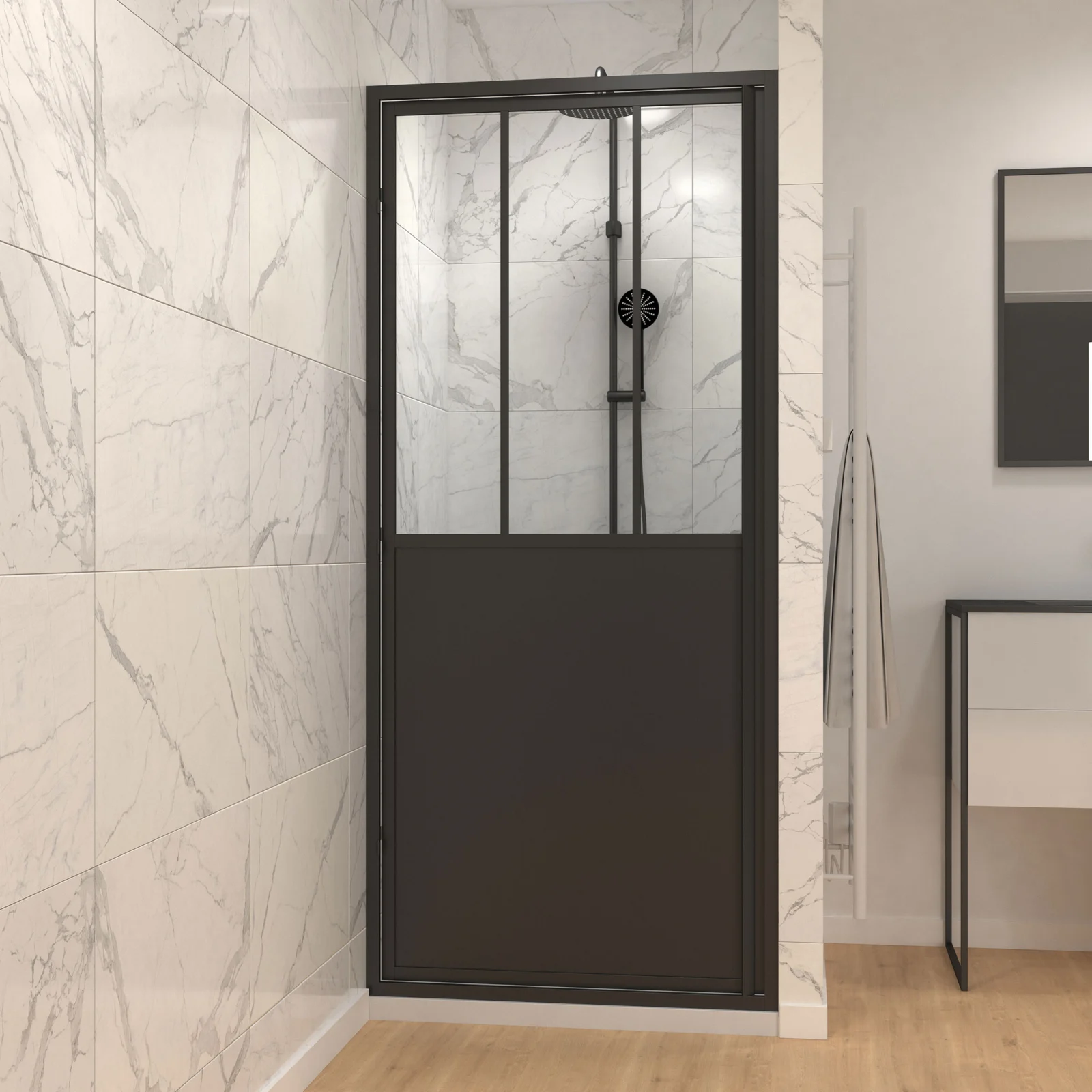 Paroi porte de douche a porte pivotante type atelier - 90x200cm - PROFILE NOIR MAT - verre 5mm Paroi porte de douche a porte pivotante type atelier - 90x200cm - PROFILE NOIR MAT - verre 5mm