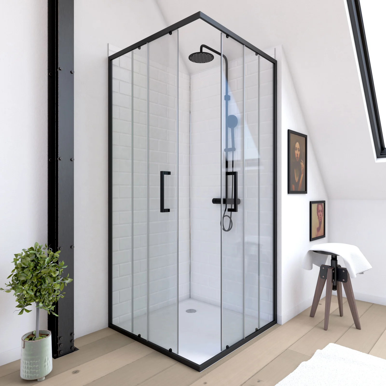 Paroi porte de douche carree - 90x90x200 cm- PROFILE NOIR MAT - verre transparent 6mm