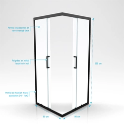 Paroi porte de douche carree - 90x90x200 cm- PROFILE NOIR MAT - verre transparent 6mm