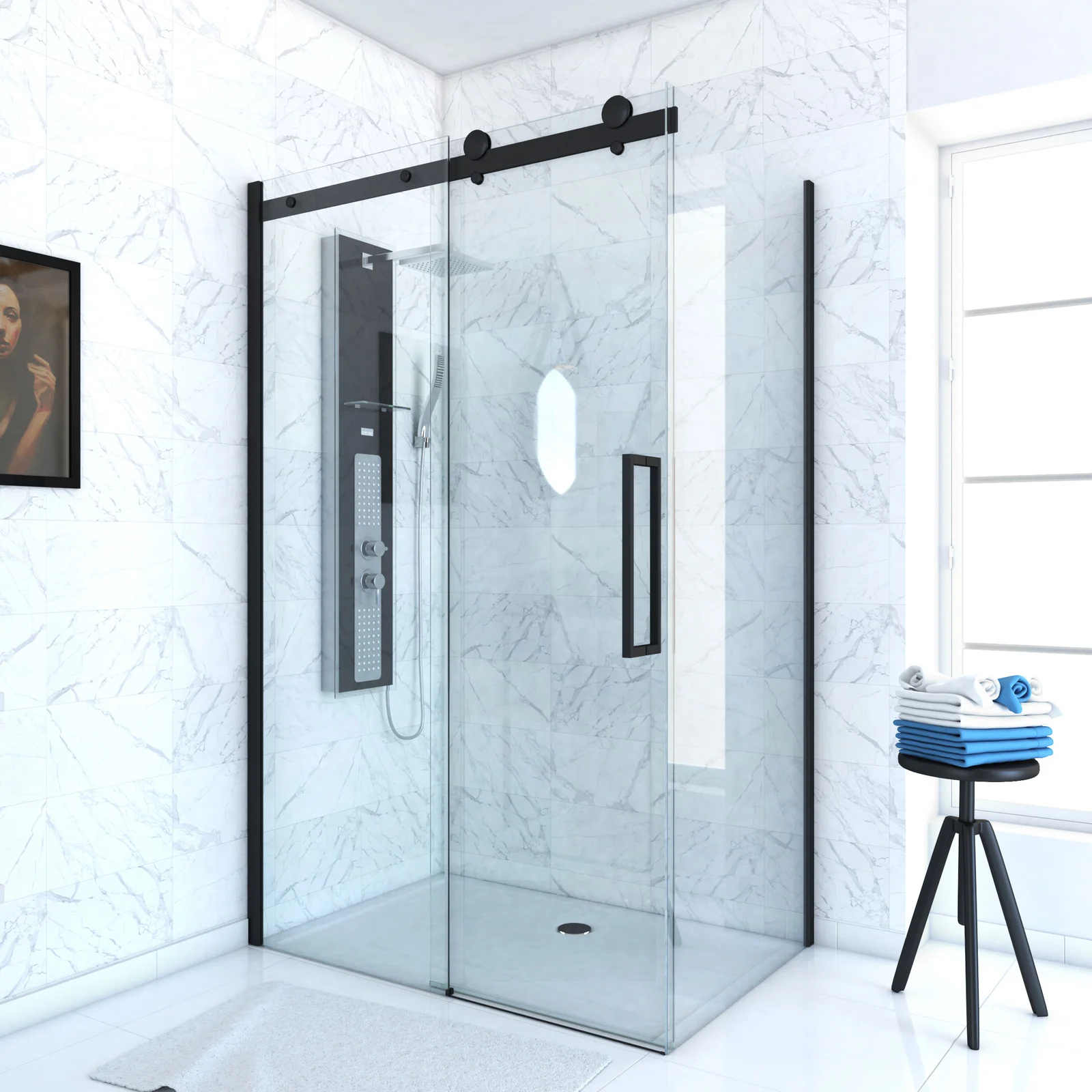 PAROI PORTE DE DOUCHE COULISSANTE 140x200 cm noir mat - rail soft close + RETOUR 80 cm PAROI PORTE DE DOUCHE COULISSANTE 140x200 cm noir mat - rail soft close + RETOUR 80 cm
