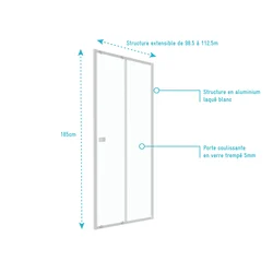 Paroi porte de douche Coulissante blanc 100x185cm - extensible - WHITY slide 100