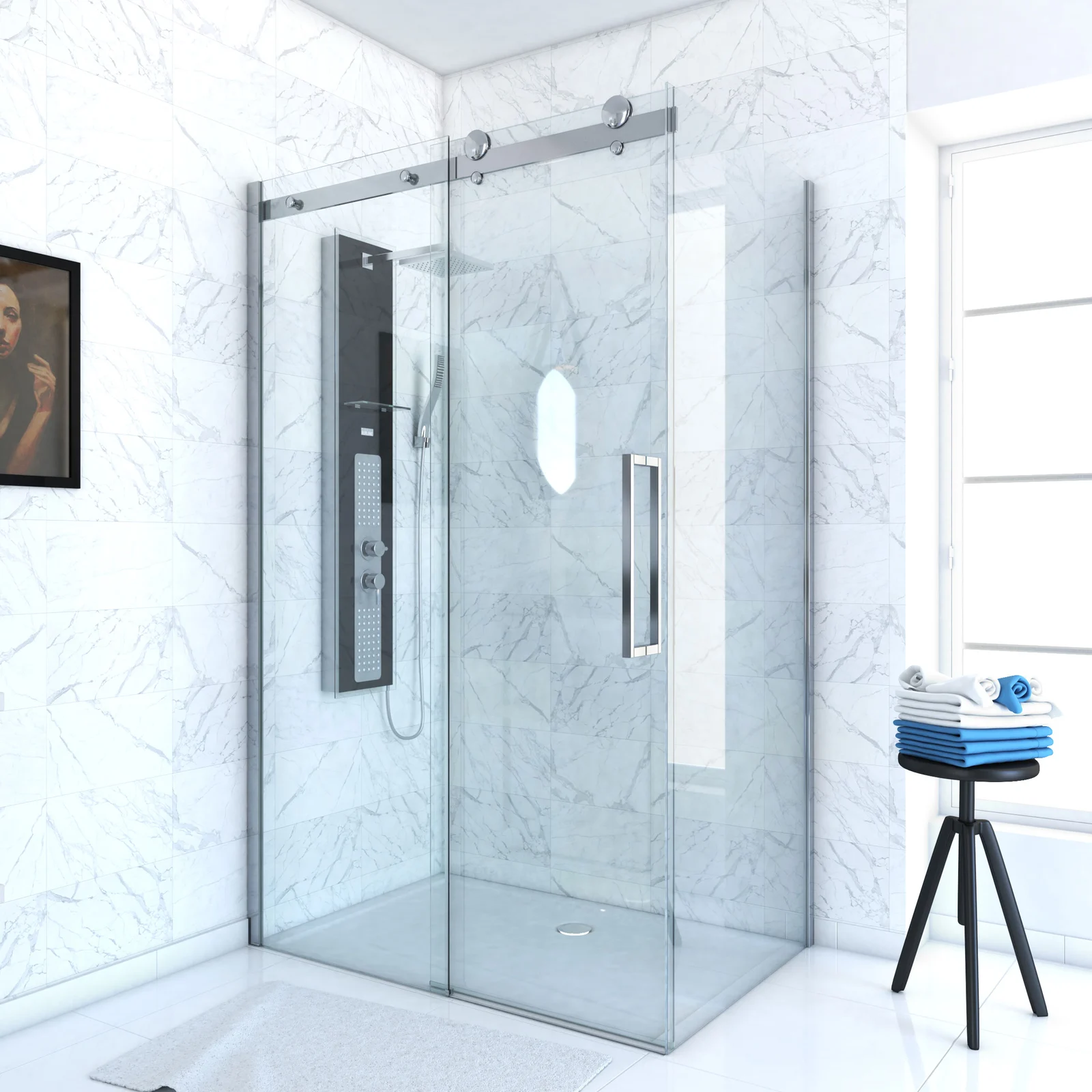 PAROI PORTE DE DOUCHE COULISSANTE + RETOUR 120X80cm - RAILROAD CHROMED 120 FRONT-80