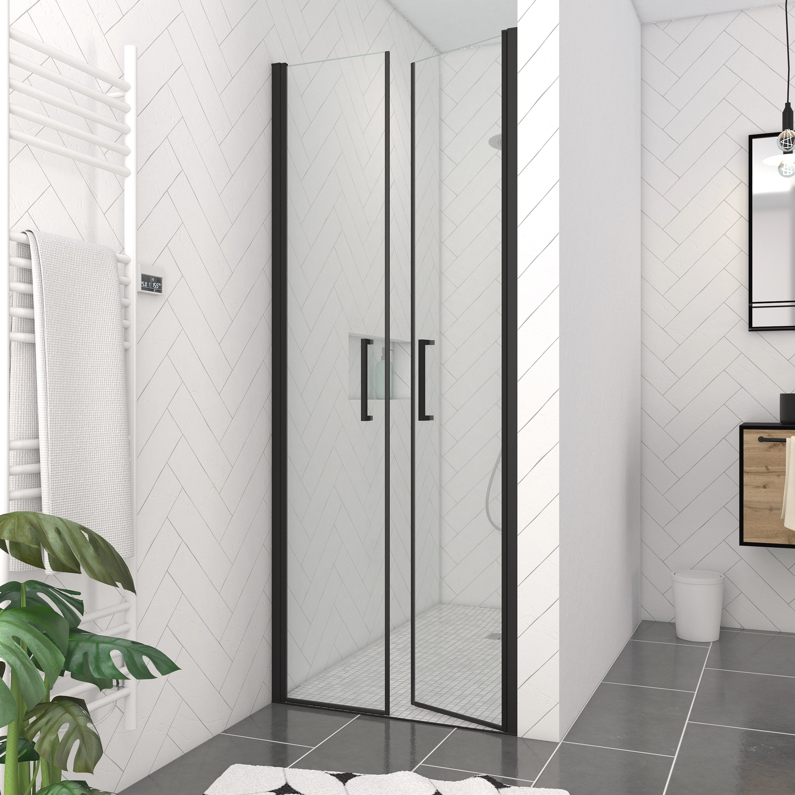 Paroi porte de douche DOUBLE PORTES PIVOTANTES - 80x200 cm - PROFILE NOIR MAT verre 6mm Paroi porte de douche DOUBLE PORTES PIVOTANTES - 80x200 cm - PROFILE NOIR MAT verre 6mm