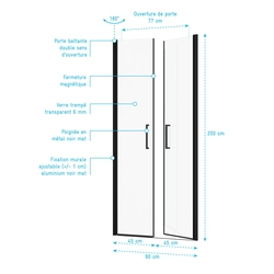 Paroi porte de douche DOUBLE PORTES PIVOTANTES - 90x200 cm - PROFILE NOIR MAT - verre 6mm