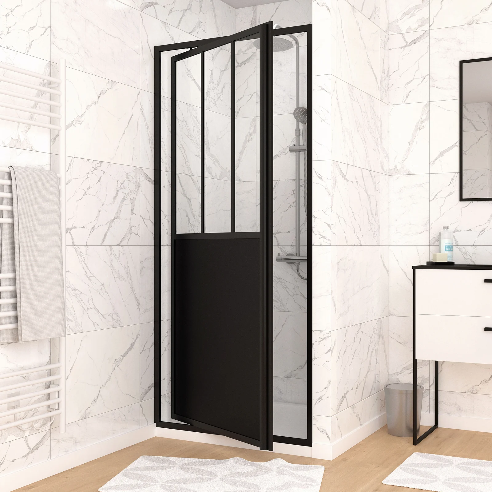 Paroi porte de douche pivotante type atelier - 90x200cm - PROFILE NOIR MAT - verre 5mm WORKSHOP 90M Paroi porte de douche pivotante type atelier - 90x200cm - PROFILE NOIR MAT - verre 5mm WORKSHOP 90M