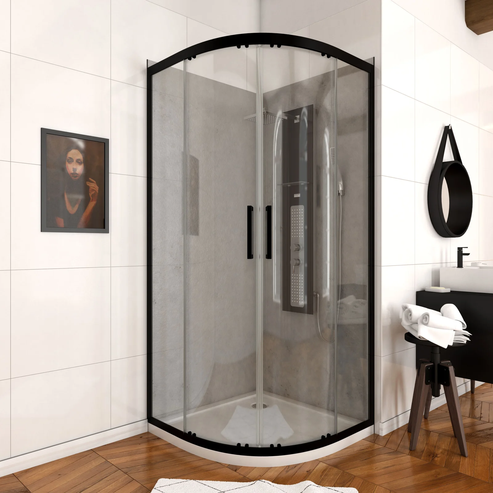 Paroi porte de douche quart de cercle  90- 90x90x200cm - PROFILE NOIR MAT - verre transparent 6mm