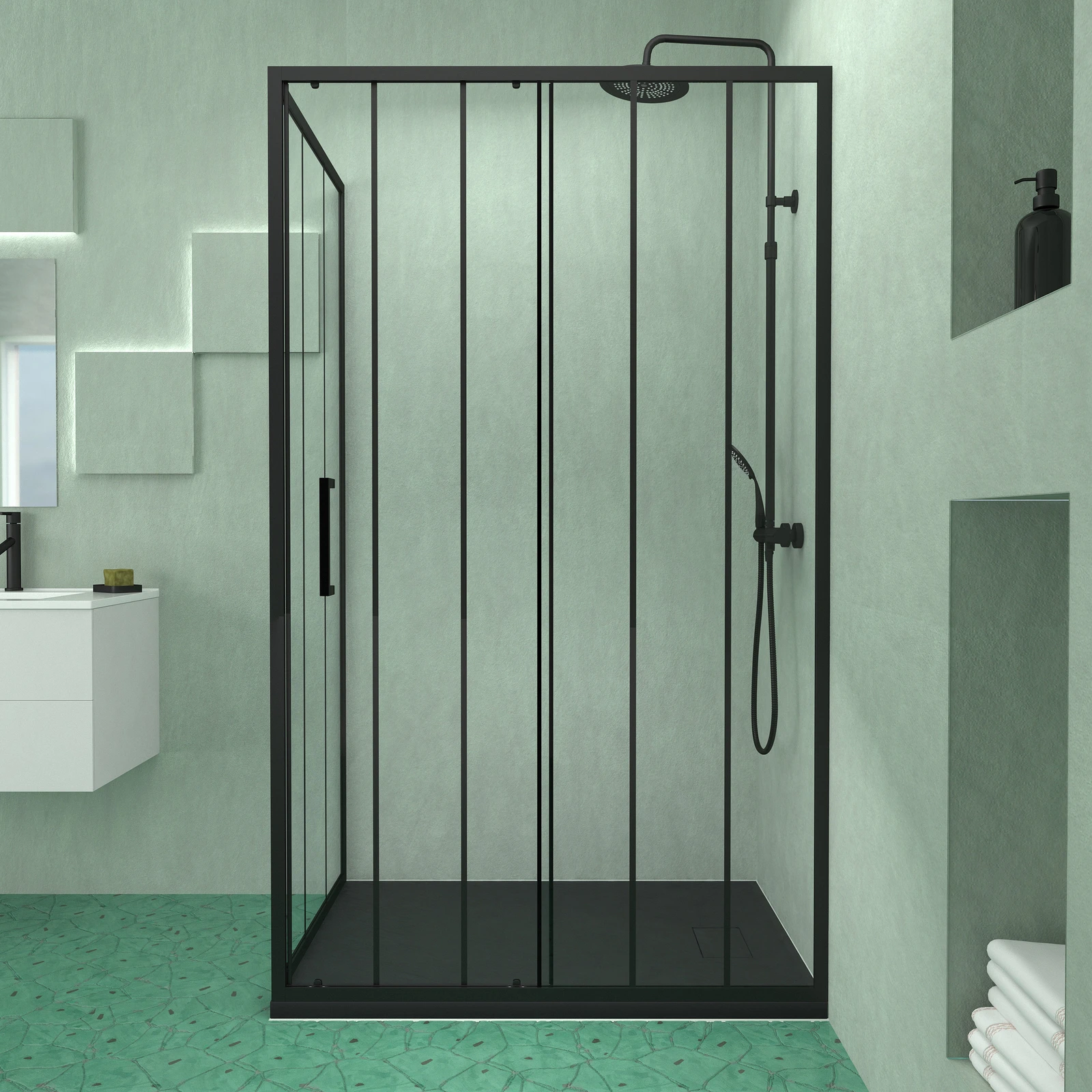 Porte Coulissante et Retour avec Sérigraphie Noire 120x80x200cm + Receveur en SMC Noir Effet Pierre Porte Coulissante et Retour avec Sérigraphie Noire 120x80x200cm + Receveur en SMC Noir Effet Pierre