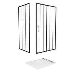 Porte Coulissante et Retour avec Sérigraphie Noire 120x90x200 cm + Receveur Blanc Effet Pierre 