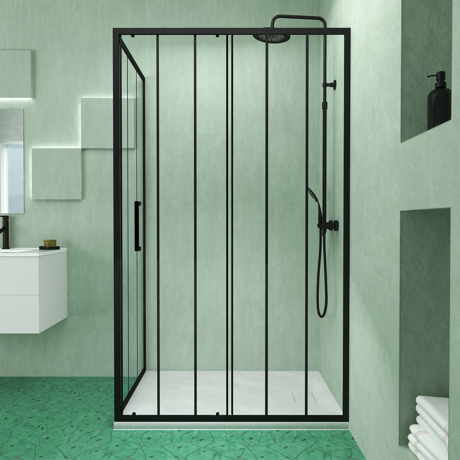Porte Coulissante et Retour avec Sérigraphie Noire 120x80x200cm + Receveur en SMC Blanc Effet Pierre Porte Coulissante et Retour avec Sérigraphie Noire 120x80x200cm + Receveur en SMC Blanc Effet Pierre
