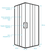porte de douche carrée coulissante - verre sérigraphié noir 90x90