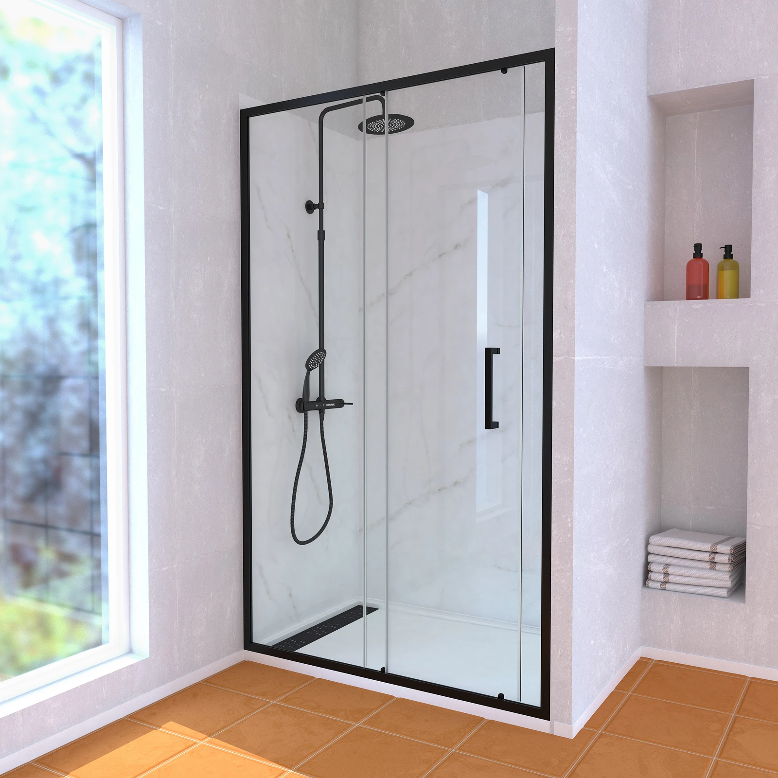 Porte de Douche Coulissante 120x200 cm Profil Noir et Receveur Blanc + Colonne de Douche Mécanique Porte de Douche Coulissante 120x200 cm Profil Noir et Receveur Blanc + Colonne de Douche Mécanique