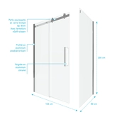 Porte de Douche Coulissante 120x200 cm + Retour 80x200 cm - Aluminium Chromé - Verre Trempé 8 mm