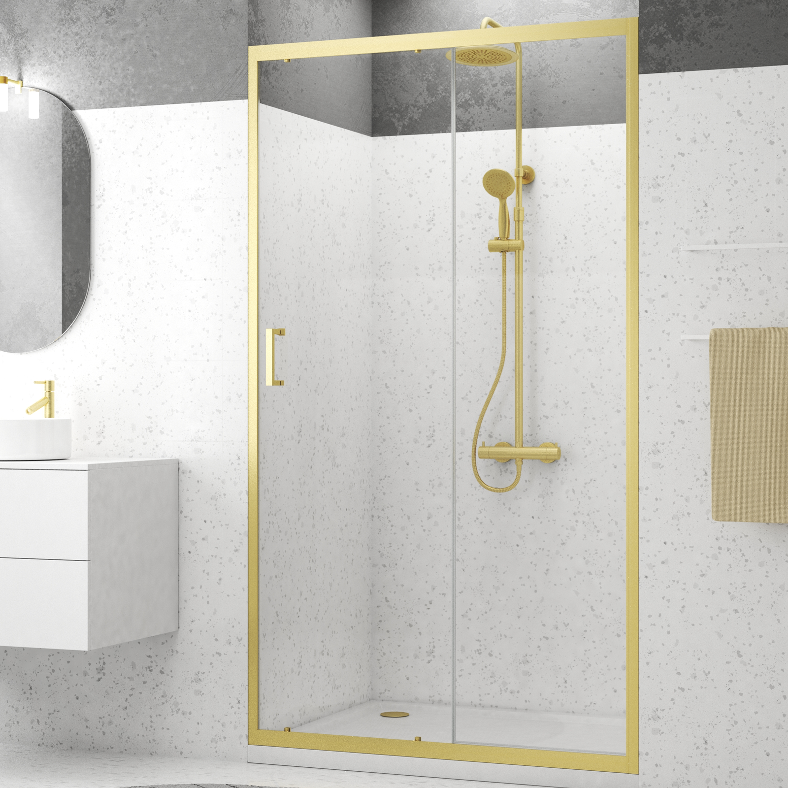 Porte de douche Coulissante 120x200cm - Profilés Or Brossé - Verre Trempé 6mm - GOLDY CRUSH Porte de douche Coulissante 120x200cm - Profilés Or Brossé - Verre Trempé 6mm - GOLDY CRUSH