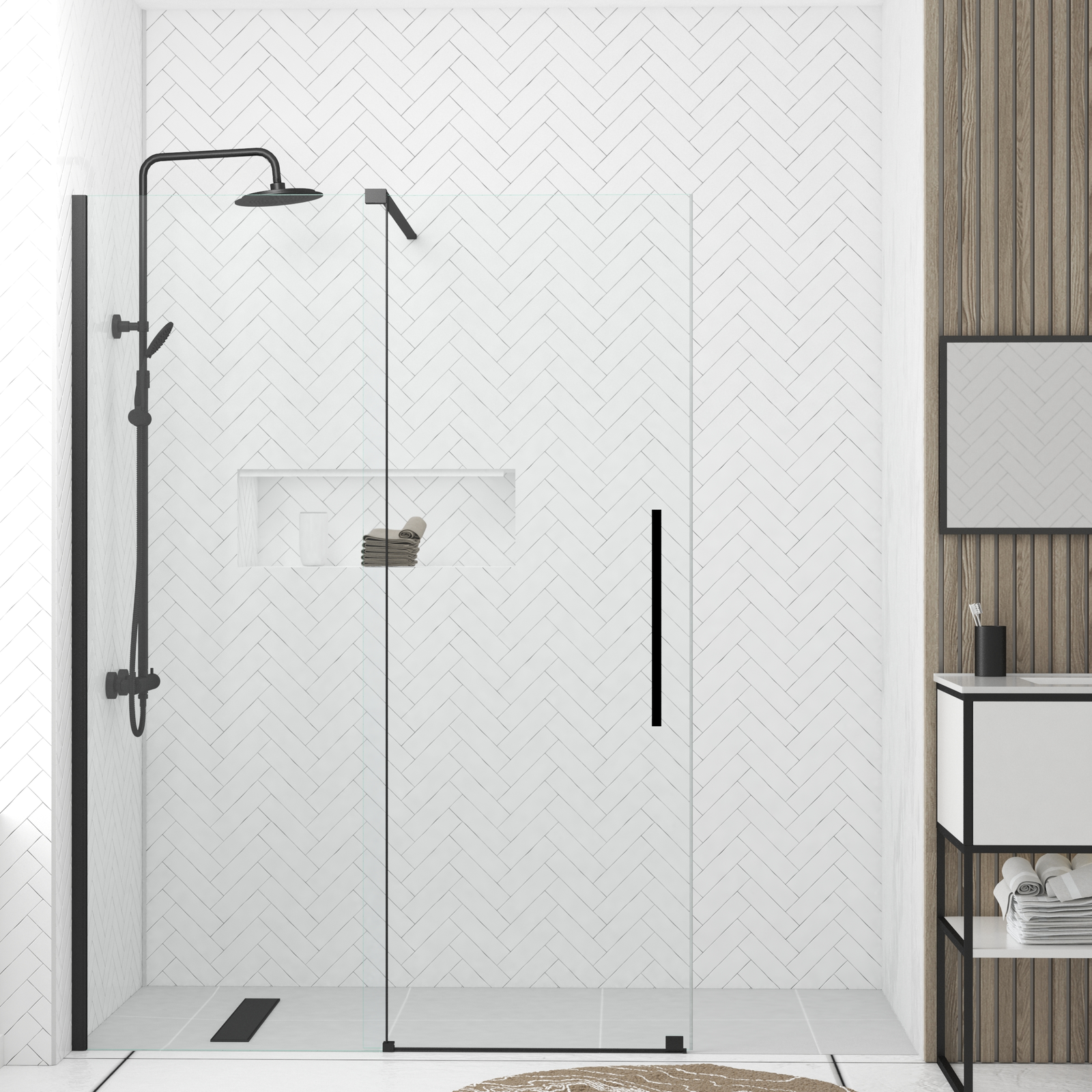 Porte de Douche Coulissante 140x195cm Verre Trempé Transparent 6mm - Finition Noire Mate - SLIDE-IN Porte de Douche Coulissante 140x195cm Verre Trempé Transparent 6mm - Finition Noire Mate - SLIDE-IN