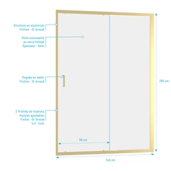 Porte de douche Coulissante 140x200cm - Profilés Or Brossé - Verre Trempé 6mm - GOLDY CRUSH