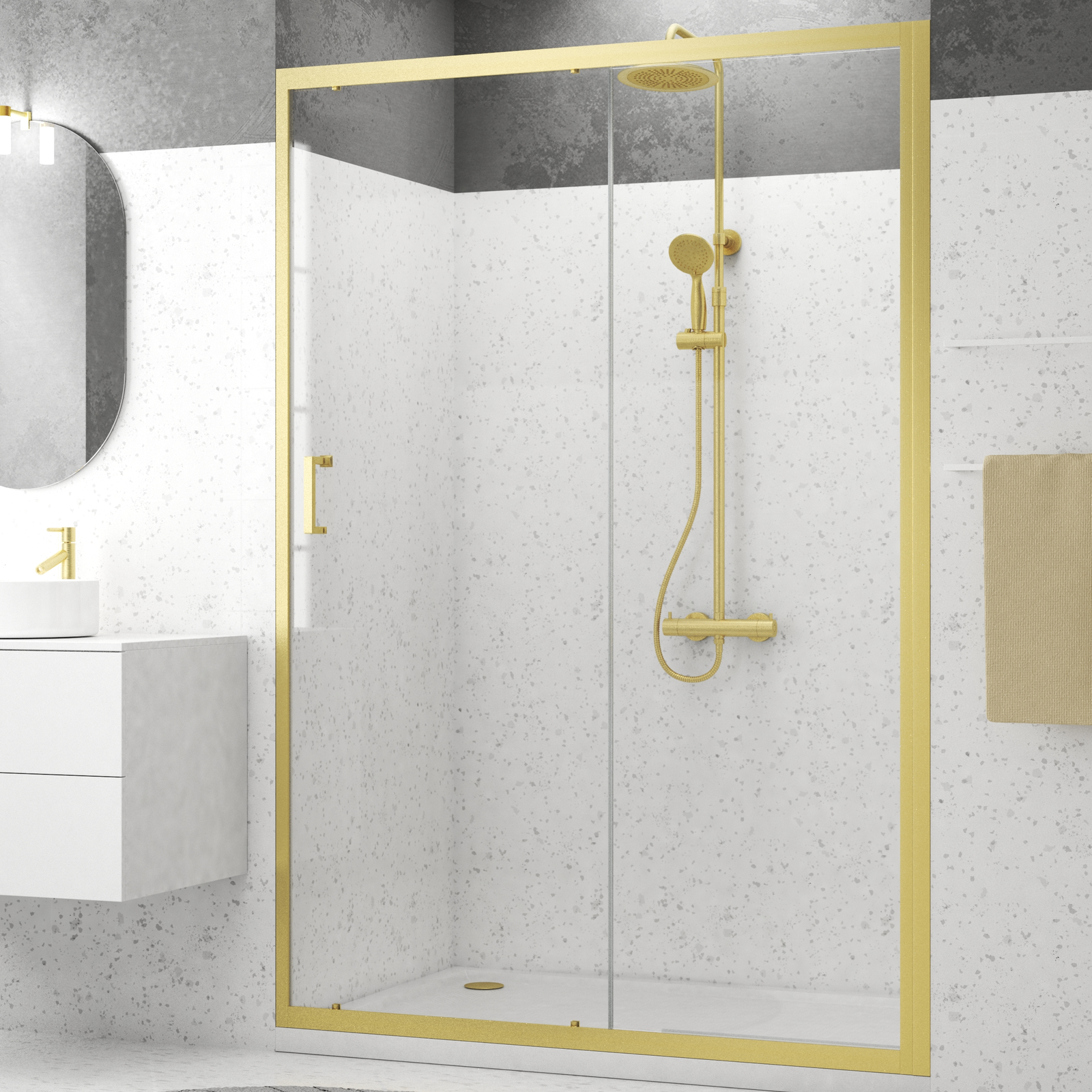 Porte de douche Coulissante 140x200cm - Profilés Or Brossé - Verre Trempé 6mm - GOLDY CRUSH Porte de douche Coulissante 140x200cm - Profilés Or Brossé - Verre Trempé 6mm - GOLDY CRUSH