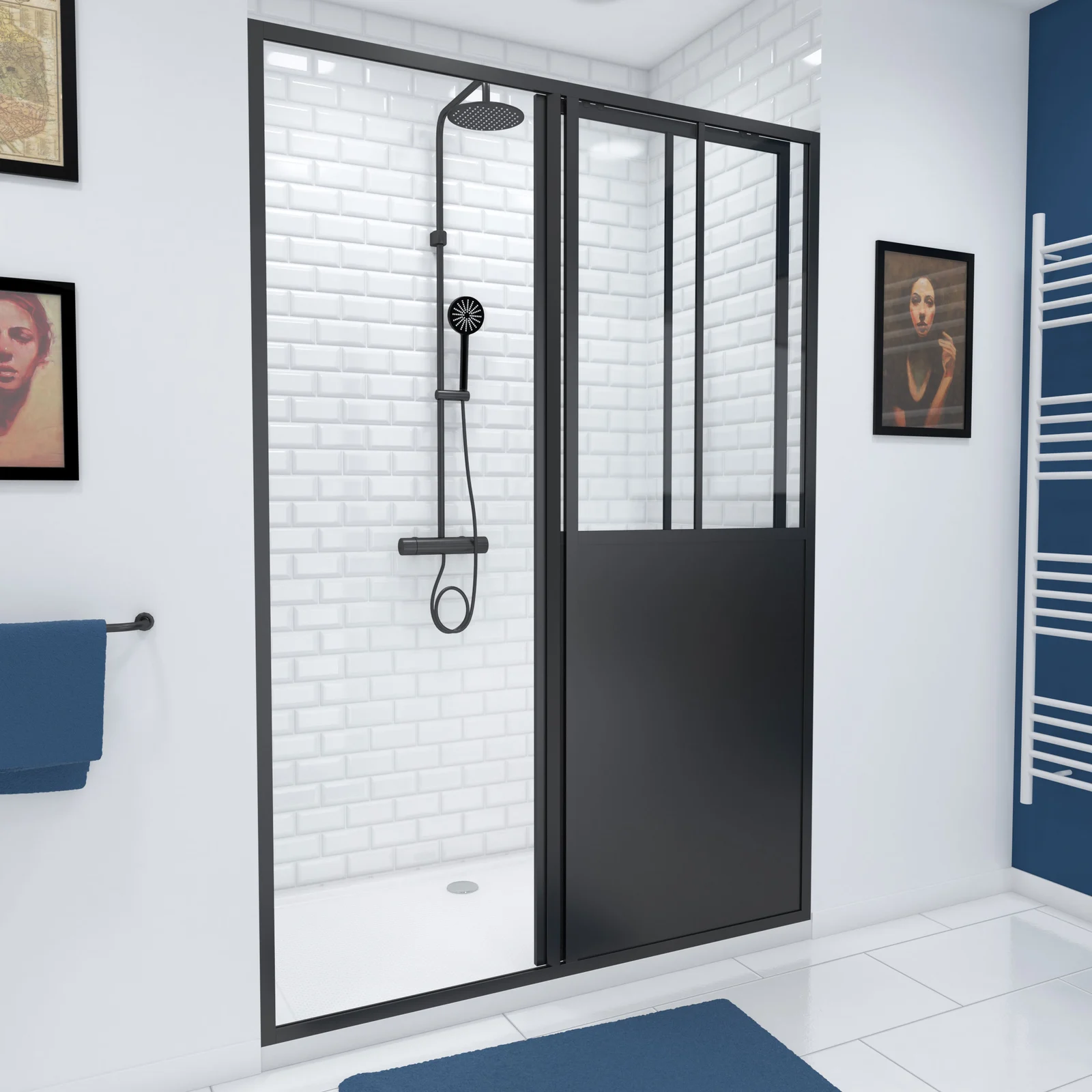 Paroi de douche 2 portes coulissantes 160x200 cm - Verre transparent -  Profilé Noir - CRUSH - Aurlane