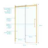 Porte de Douche Coulissante Type Industriel 120x200 cm - Finition Or Doré Brossé - Verre Trempé 6 mm