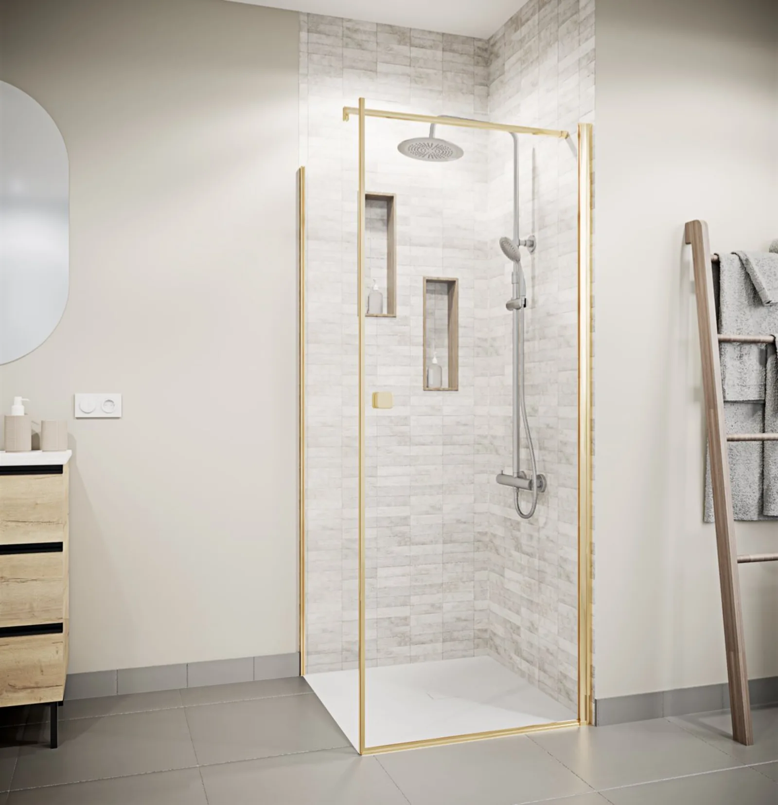 Porte de Douche Pivotante 70x180cm et Retour 80cm - Verre 8mm Anticalcaire - Profil Or Brosse