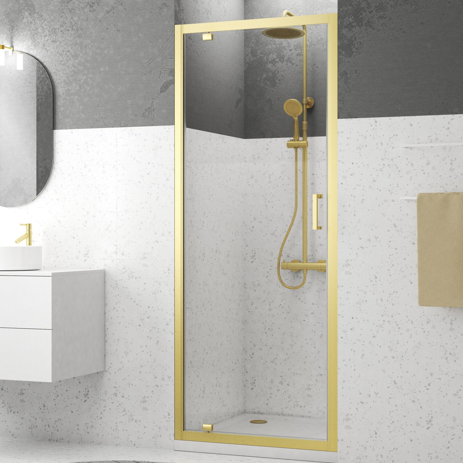 Porte de douche Pivotante 80x200cm - Profilés Or Brossé - Verre Trempé 6mm - GOLDY CRUSH Porte de douche Pivotante 80x200cm - Profilés Or Brossé - Verre Trempé 6mm - GOLDY CRUSH