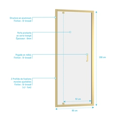 Porte de douche Pivotante 80x200cm - Profilés Or Brossé - Verre Trempé 6mm - GOLDY CRUSH