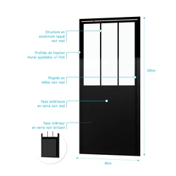 Porte de douche pivotante 80x200cm type atelier-Profilés noir mat Verre 5mm - WORKSHOP GLOSSY