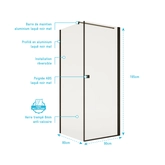 Porte de Douche Pivotante 90x180cm et Retour 80cm - Verre 8mm Anticalcaire - Profil Noir