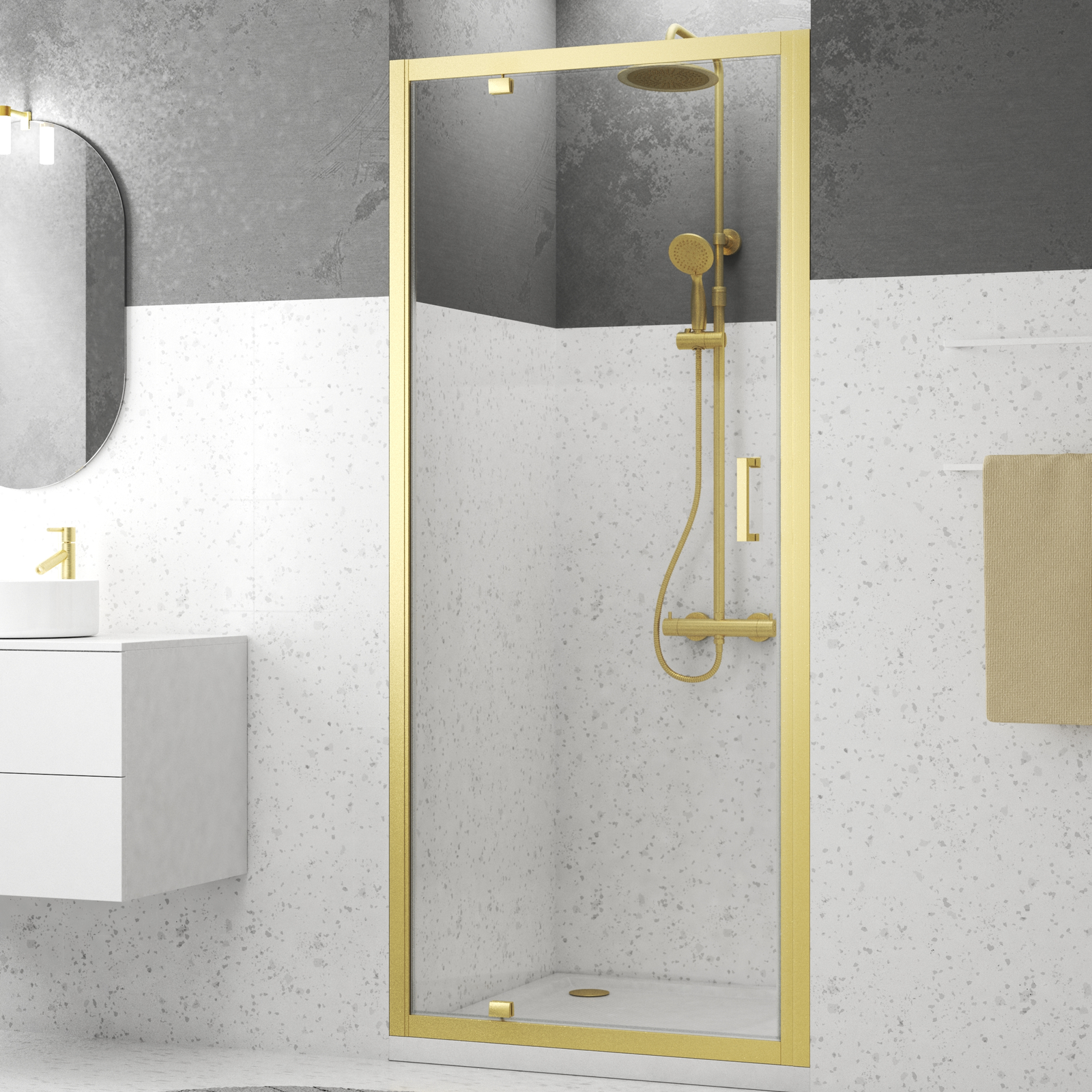 Porte de douche Pivotante 90x200cm - Profilés Or Brossé - Verre Trempé 6mm - GOLDY CRUSH